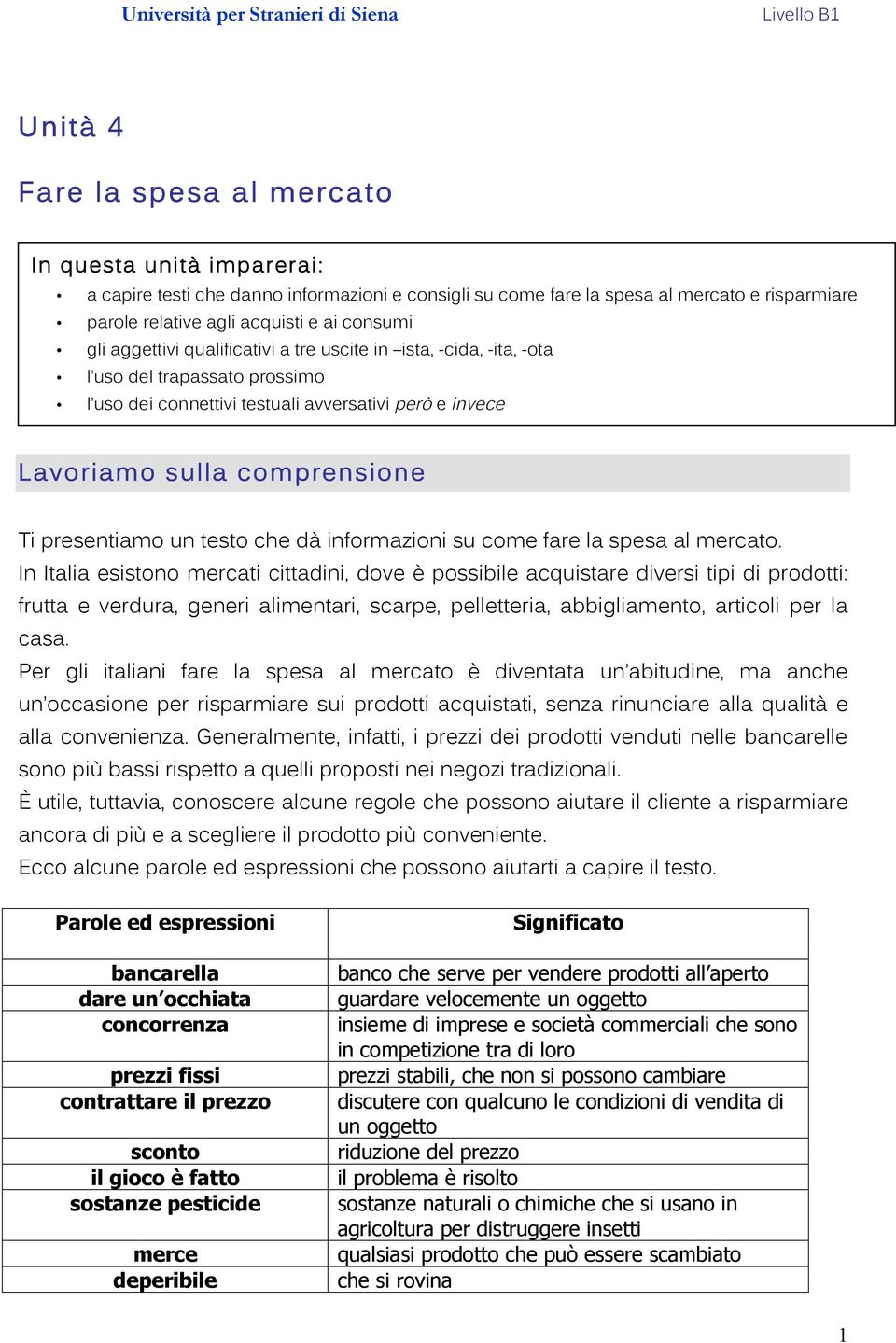 un testo che dà informazioni su come fare la spesa al mercato.