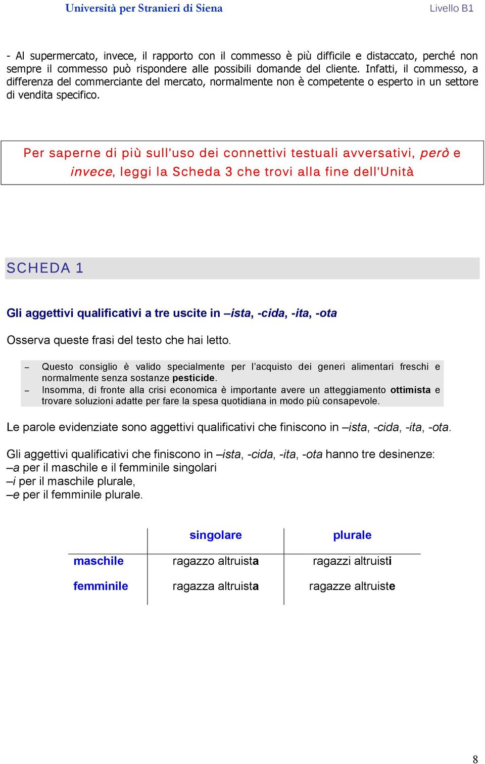 Per saperne di più sull uso dei connettivi testuali avversativi, però e invece, leggi la Scheda 3 che trovi alla fine dell Unità SCHEDA 1 Gli aggettivi qualificativi a tre uscite in ista, -cida,