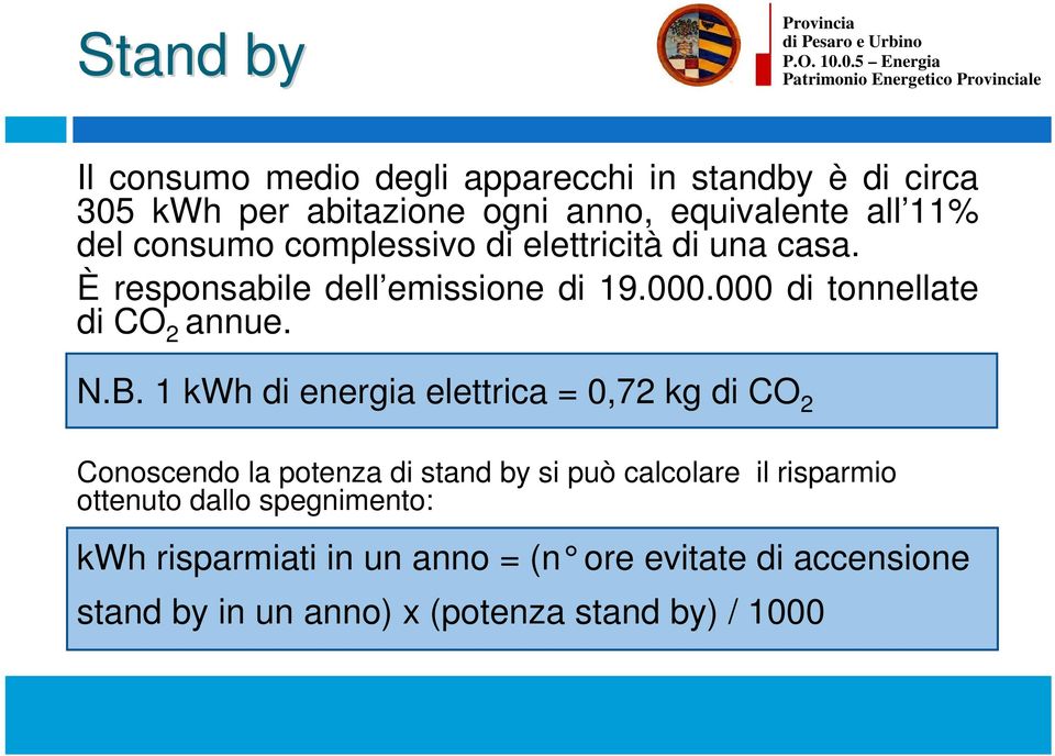 B. 1 kwh di energia elettrica = 0,72 kg di CO 2 Conoscendo la potenza di stand by si può calcolare il risparmio ottenuto