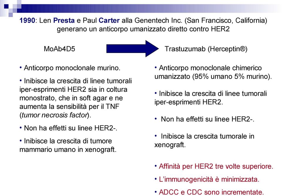 Non ha effetti su linee HER2-. Inibisce la crescita di tumore mammario umano in xenograft. Trastuzumab (Herceptin ) Anticorpo monoclonale chimerico umanizzato (95% umano 5% murino).