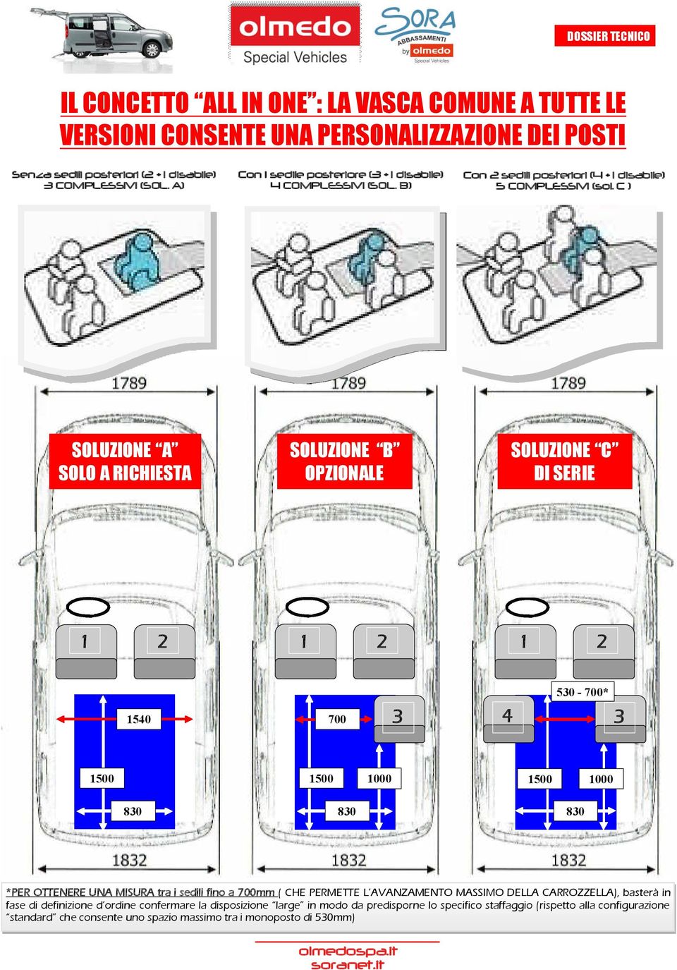 C ) SOLUZIONE C DI SERIE 2 1 2 530-700* 1540 1500 1500 830 3 700 1000 830 4 3 1500 1000 830 *PER OTTENERE UNA MISURA tra i sedili fino a 700mm ( CHE PERMETTE L AVANZAMENTO MASSIMO DELLA