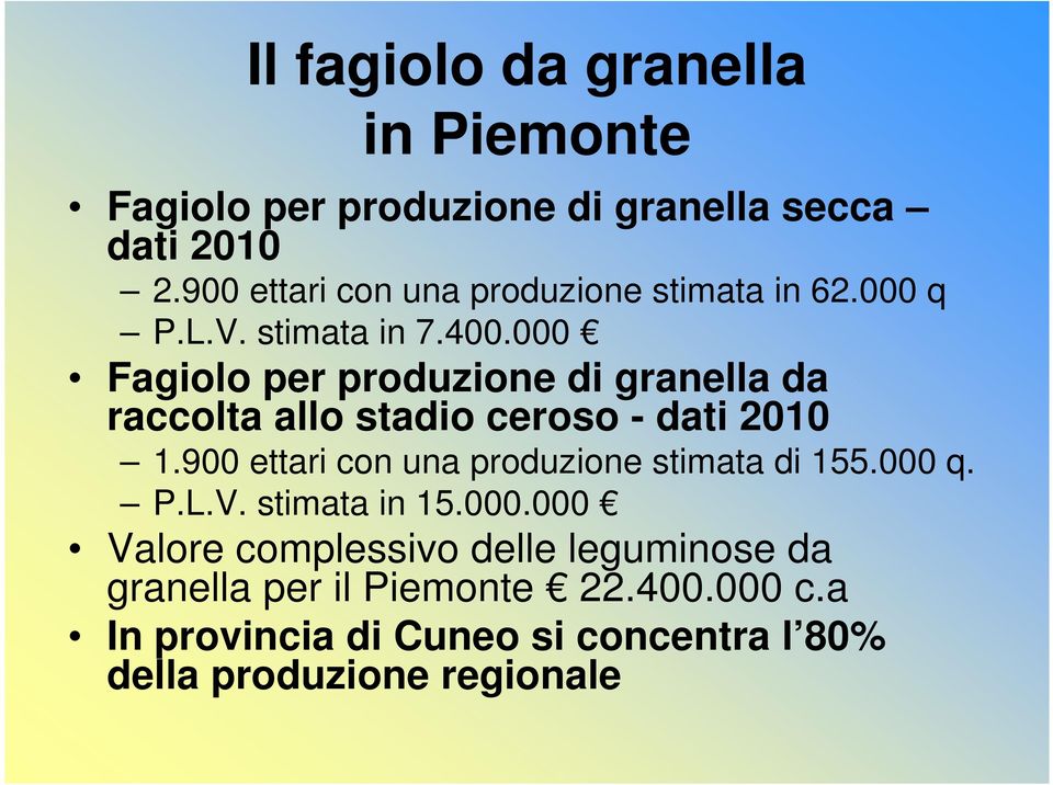 000 Fagiolo per produzione di granella da raccolta allo stadio ceroso - dati 2010 1.