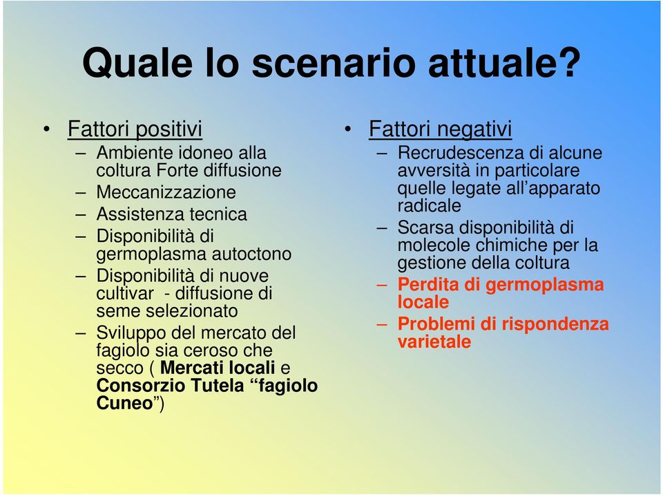 Disponibilità di nuove cultivar - diffusione di seme selezionato Sviluppo del mercato del fagiolo sia ceroso che secco ( Mercati locali e