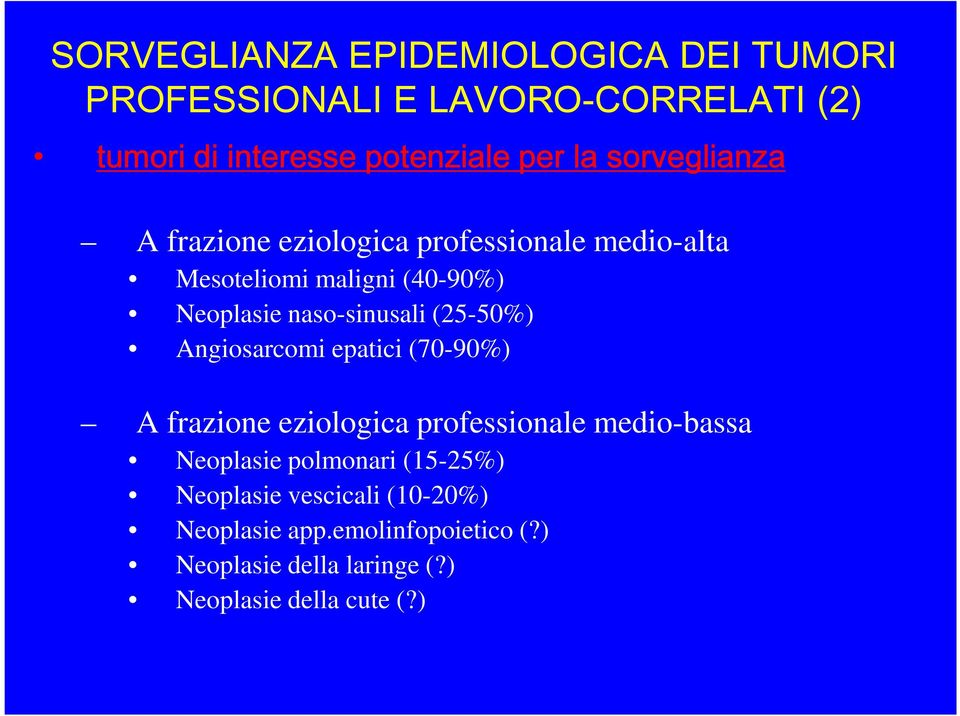 (25-50%) Angiosarcomi epatici (70-90%) A frazione eziologica professionale medio-bassa Neoplasie polmonari