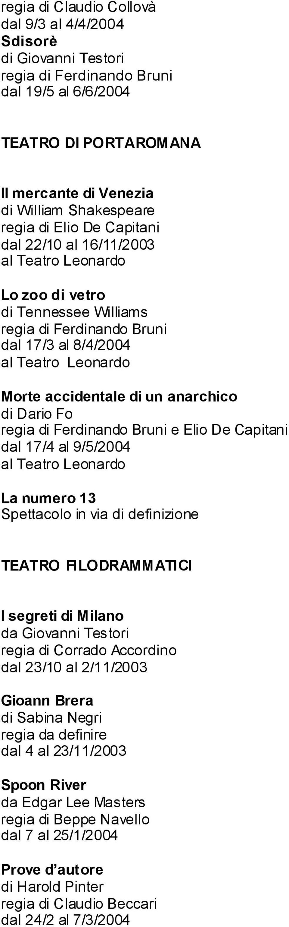 di Dario Fo regia di Ferdinando Bruni e Elio De Capitani dal 17/4 al 9/5/2004 al Teatro Leonardo La numero 13 Spettacolo in via di definizione TEATRO FILODRAMMATICI I segreti di Milano da Giovanni