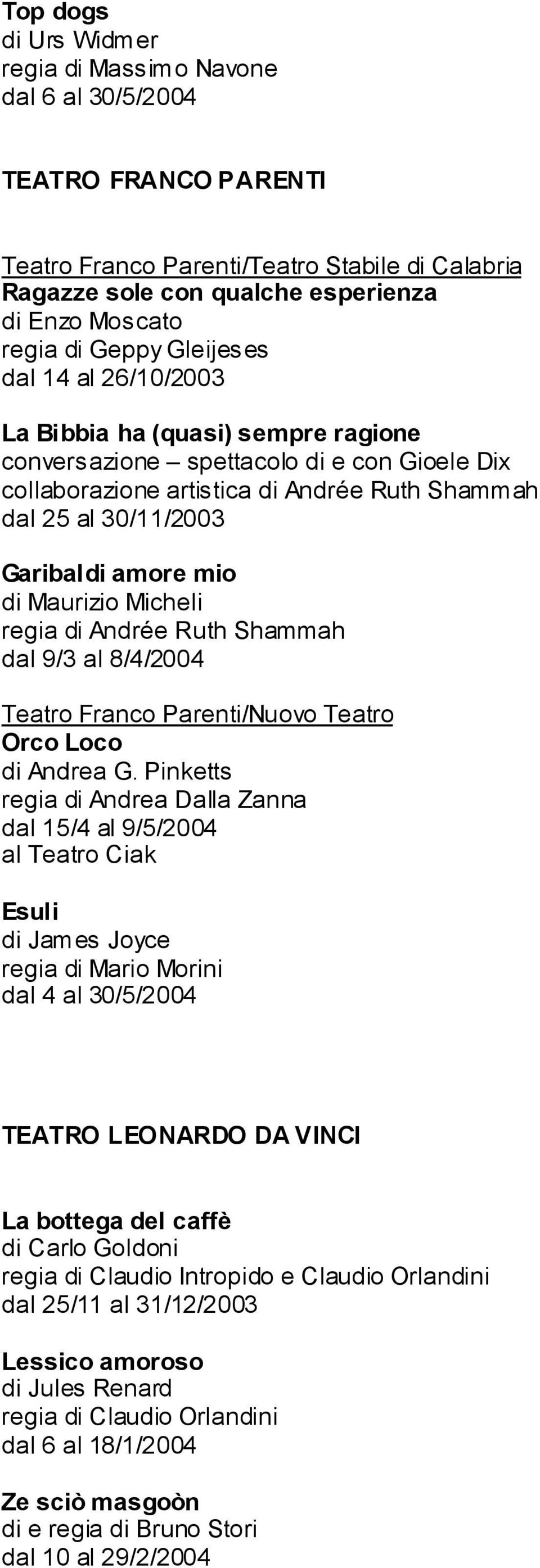 amore mio di Maurizio Micheli regia di Andrée Ruth Shammah dal 9/3 al 8/4/2004 Teatro Franco Parenti/Nuovo Teatro Orco Loco di Andrea G.