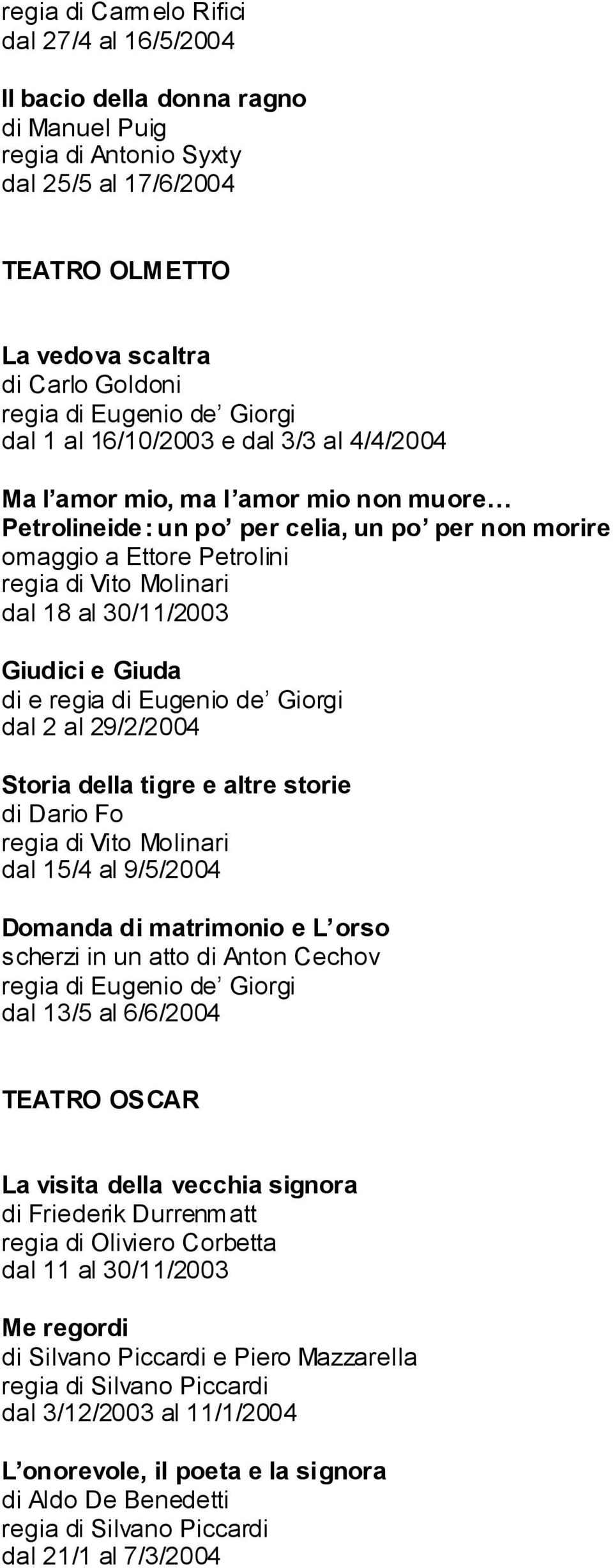 al 30/11/2003 Giudici e Giuda di e regia di Eugenio de Giorgi dal 2 al 29/2/2004 Storia della tigre e altre storie di Dario Fo regia di Vito Molinari dal 15/4 al 9/5/2004 Domanda di matrimonio e L