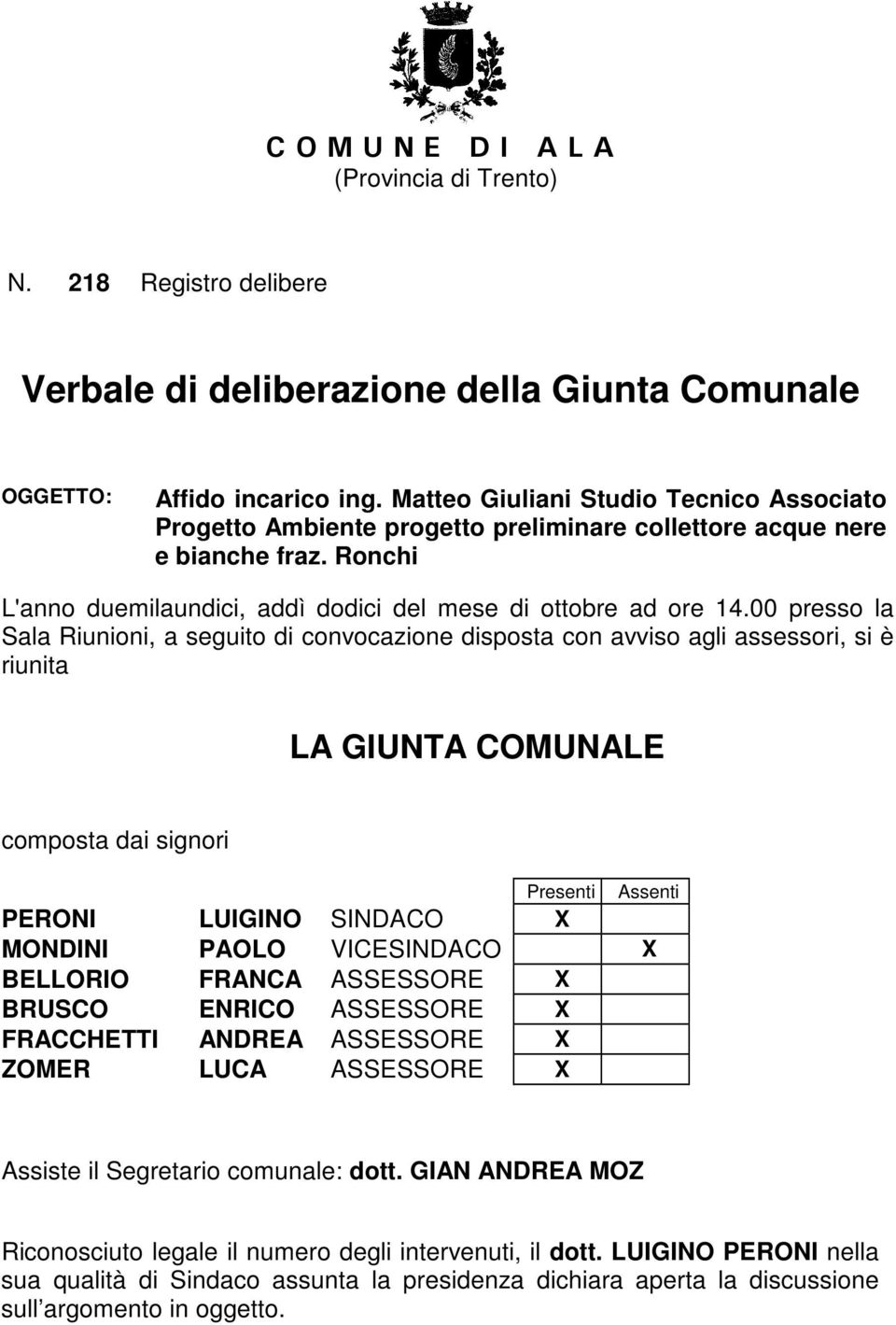 00 presso la Sala Riunioni, a seguito di convocazione disposta con avviso agli assessori, si è riunita LA GIUNTA COMUNALE composta dai signori Presenti Assenti PERONI LUIGINO SINDACO X MONDINI PAOLO