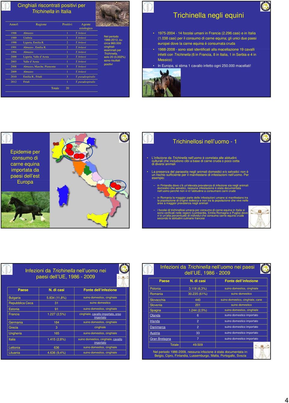 britovi 2009 Abruzzo 1 T. britovi 2010 Emilia R., Friuli 3 T. pseudospiralis 2012 Friuli 1 T. pseudospiralis Totale 20 Nel periodo 1986-2012, su circa 960.