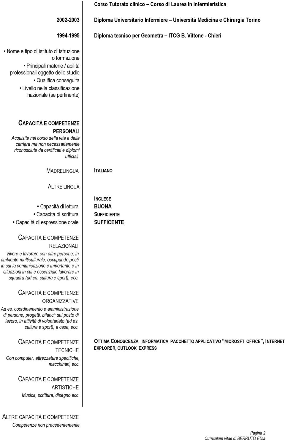 pertinente) PERSONALI Acquisite nel corso della vita e della carriera ma non necessariamente riconosciute da certificati e diplomi ufficiali.