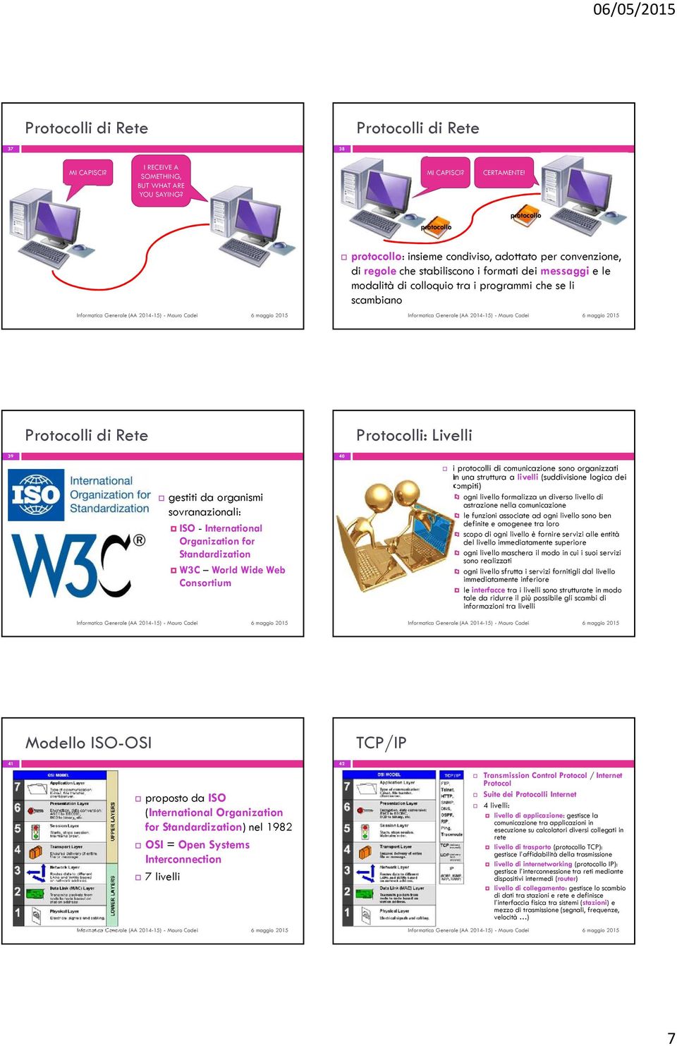 Protocolli di Rete Protocolli: Livelli 39 gestiti da organismi sovranazionali: ISO - International Organization for Standardization W3C World Wide Web Consortium 40 i protocolli di comunicazione sono