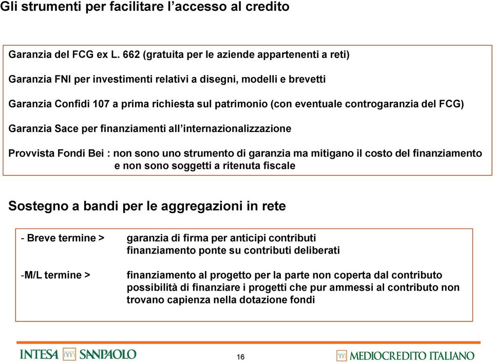 controgaranzia del FCG) Garanzia Sace per finanziamenti all internazionalizzazione Provvista Fondi Bei : non sono uno strumento di garanzia ma mitigano il costo del finanziamento e non sono soggetti