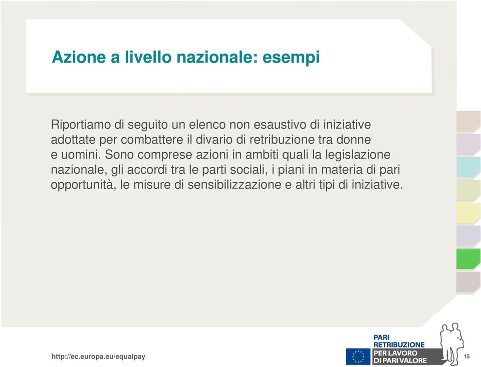 Sono comprese azioni in ambiti quali la legislazione nazionale, gli accordi tra le parti