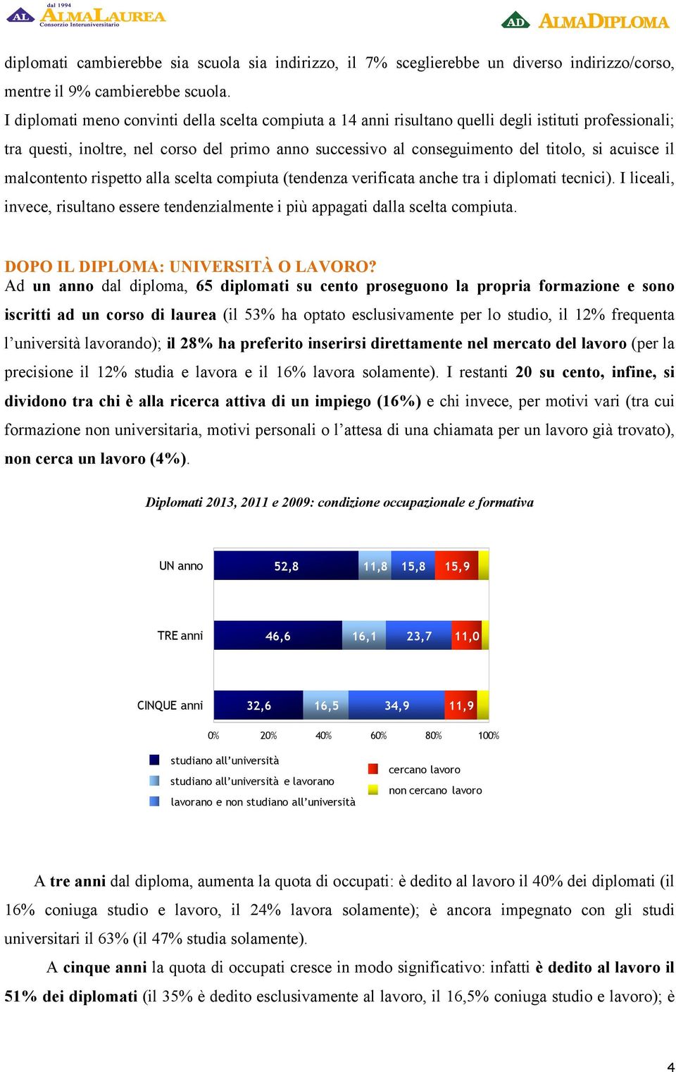 acuisce il malcontento rispetto alla scelta compiuta (tendenza verificata anche tra i diplomati tecnici). I liceali, invece, risultano essere tendenzialmente i più appagati dalla scelta compiuta.