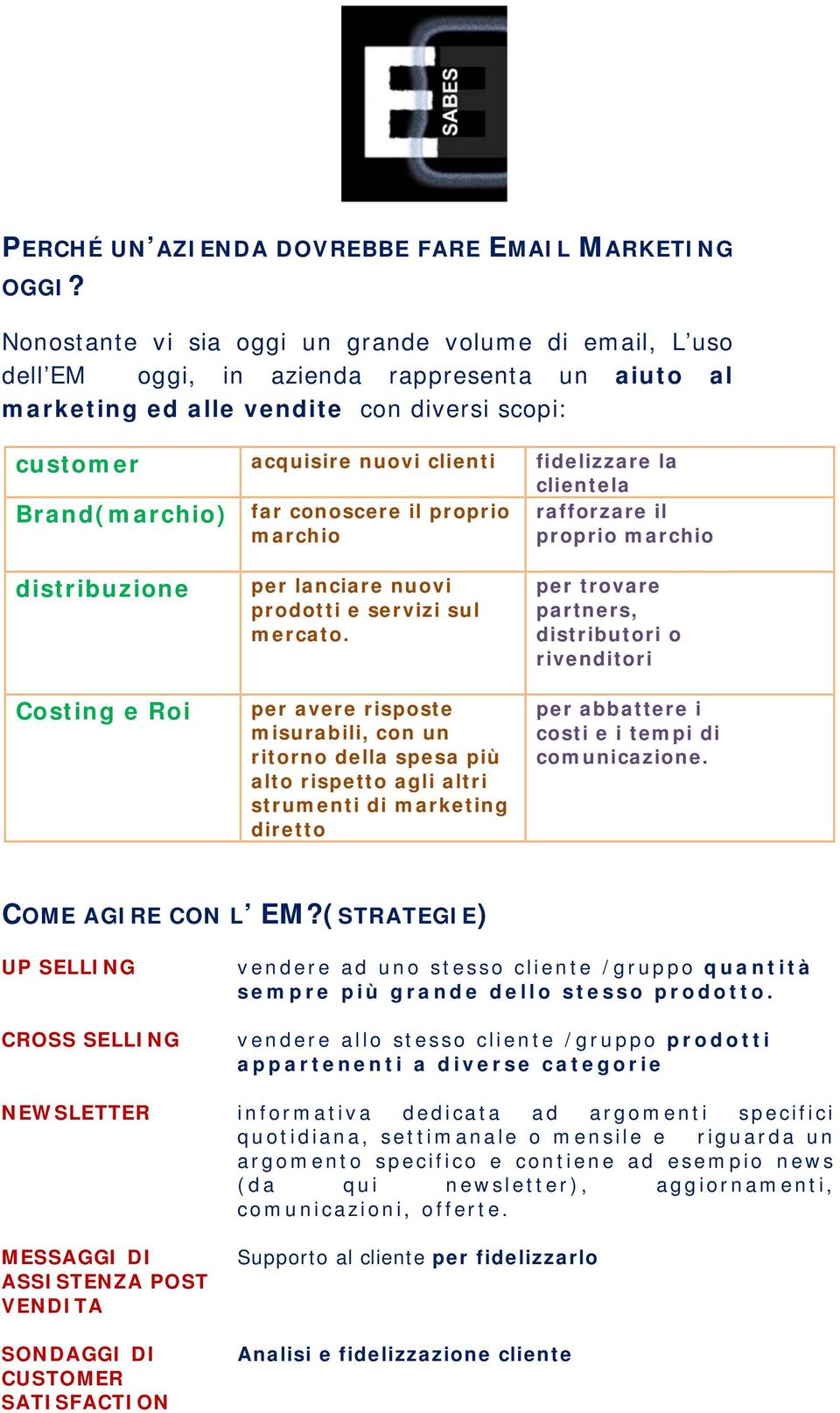 clientela Brand(marchio) far conoscere il proprio marchio rafforzare il proprio marchio distribuzione Costing e Roi per lanciare nuovi prodotti e servizi sul mercato.