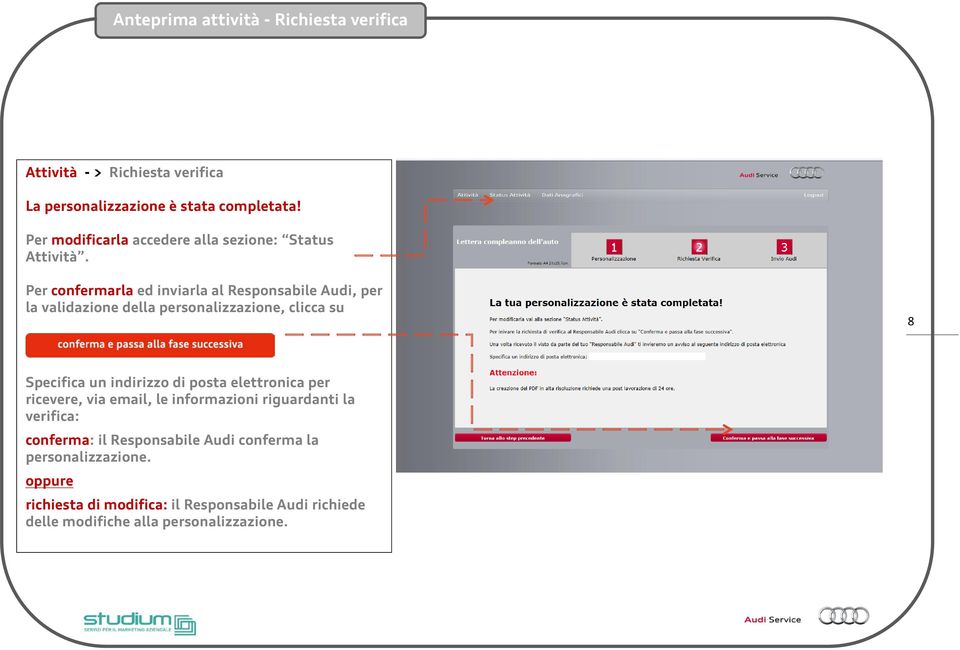 Per confermarla ed inviarla al Responsabile Audi, per la validazione della personalizzazione, clicca su 8 Specifica un indirizzo di