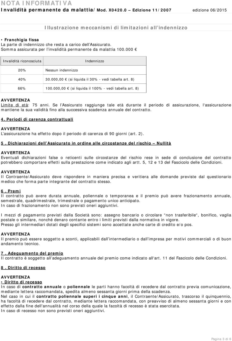 Somma assicurata per l invalidità permanente da malattia 100.000 Invalidità riconosciuta Indennizzo 20% Nessun indennizzo 40% 30.000,00 (si liquida il 30% - vedi tabella art. 8) 66% 100.