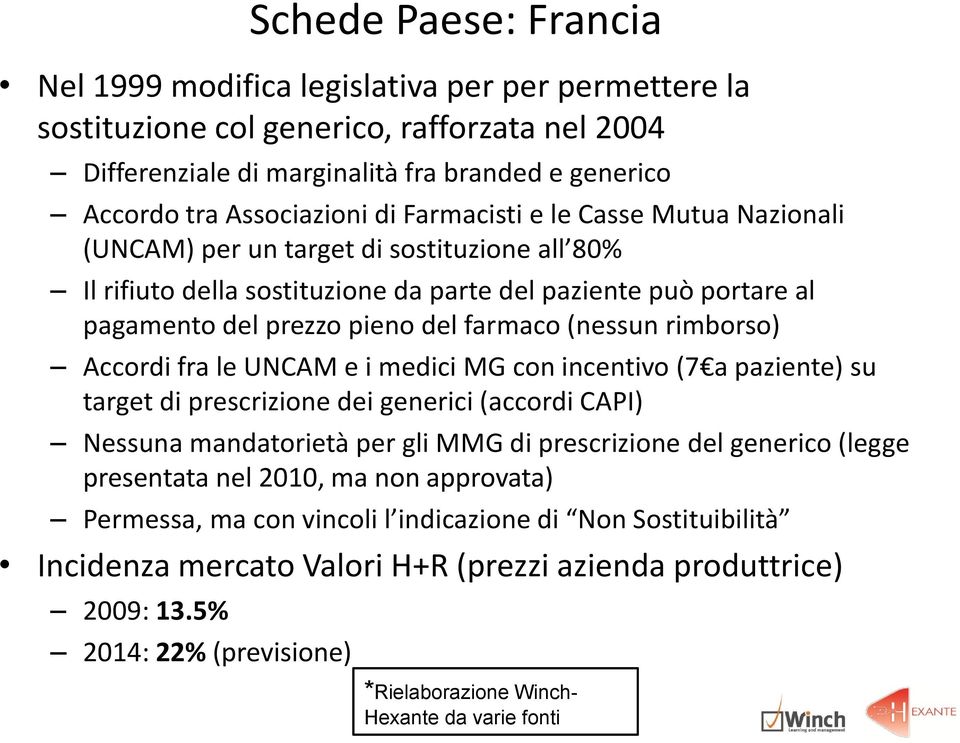 (nessun rimborso) Accordi fra le UNCAM e i medici MG con incentivo (7 a paziente) su target di prescrizione dei generici (accordi CAPI) Nessuna mandatorietà per gli MMG di prescrizione del generico
