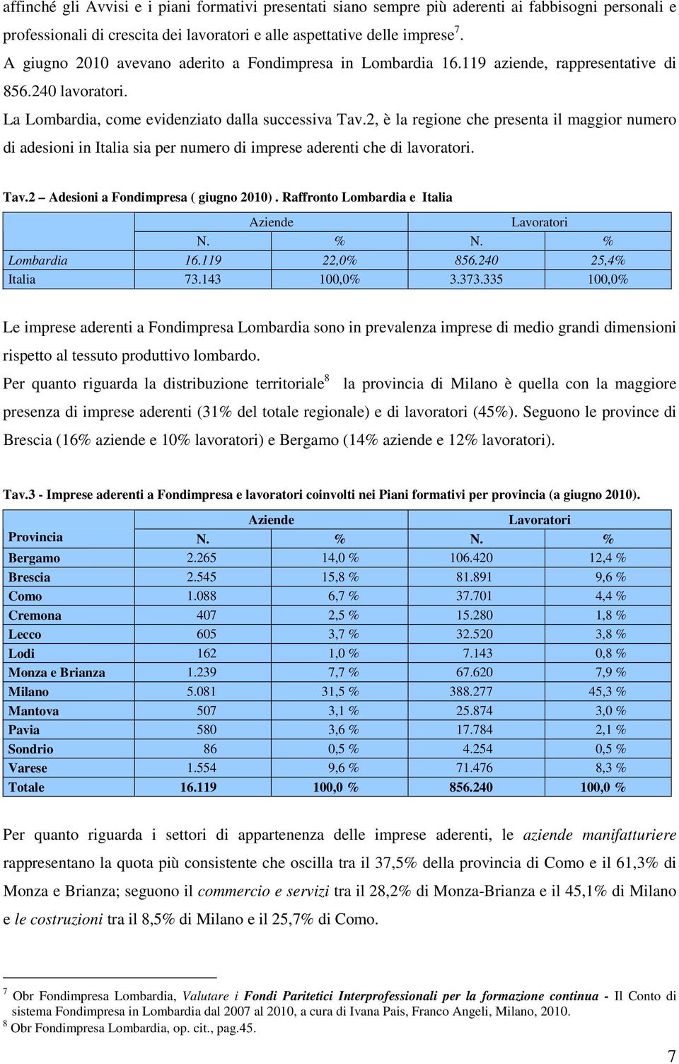 2, è la regione che presenta il maggior numero di adesioni in Italia sia per numero di imprese aderenti che di lavoratori. Tav.2 Adesioni a Fondimpresa ( giugno 2010).