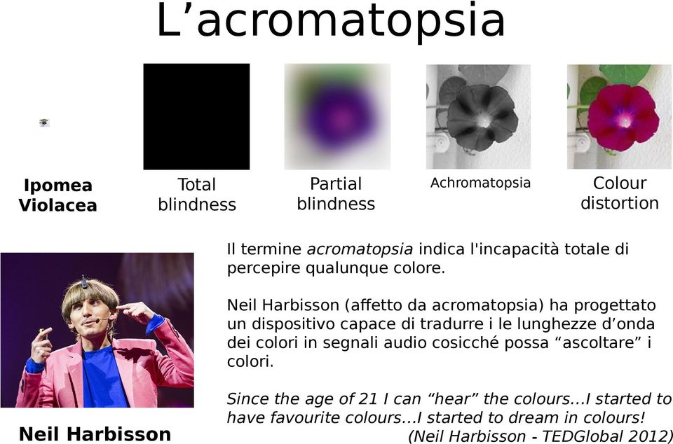 Neil Harbisson (affetto da acromatopsia) ha progettato un dispositivo capace di tradurre i le lunghezze d onda dei colori in