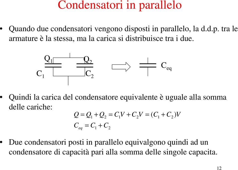 + V ( + ) eq + Due condensaori posi in parallelo equivalgono quindi ad un condensaore di