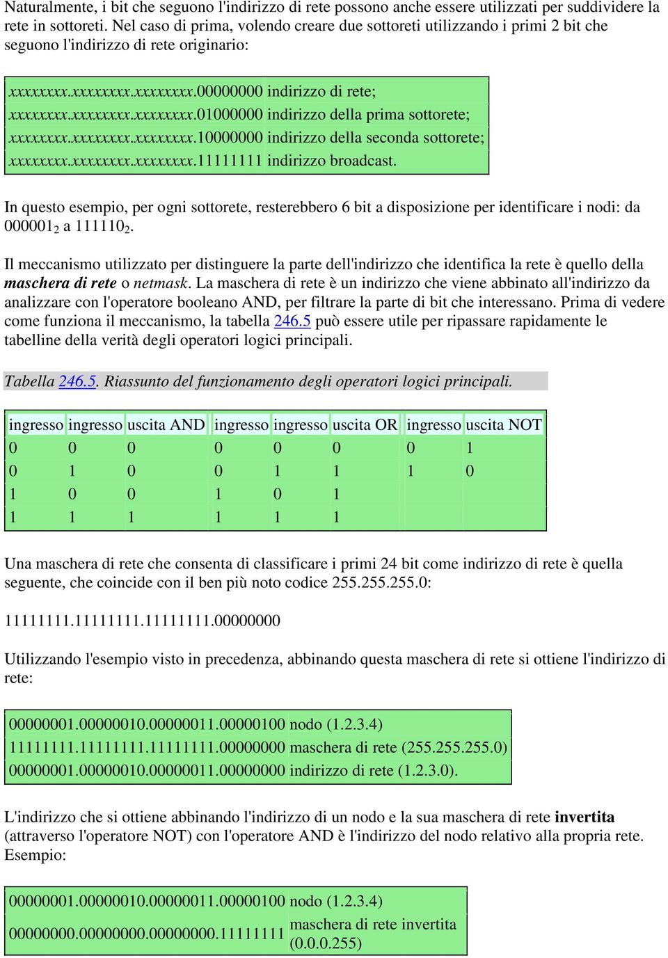 xxxxxxxx.xxxxxxxx.10000000 indirizzo della seconda sottorete; xxxxxxxx.xxxxxxxx.xxxxxxxx.11111111 indirizzo broadcast.