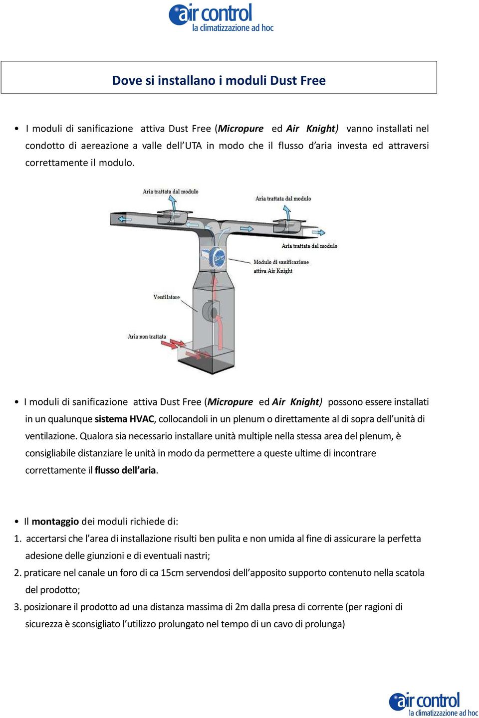 I moduli di sanificazione attiva Dust Free (Micropure ed Air Knight) possono essere installati in un qualunque sistema HVAC, collocandoli in un plenum o direttamente al di sopra dell unità di