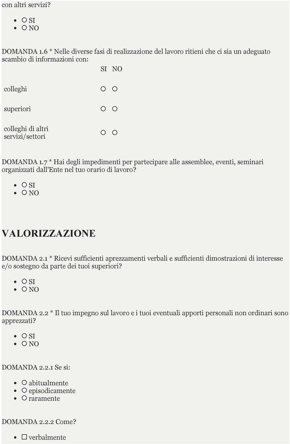 DOMANDA 1.7 * Hai degli impedimenti per partecipare alle assemblee, eventi, seminari organizzati dall'ente nel tuo orario di lavoro? VALORIZZAZIONE DOMANDA 2.