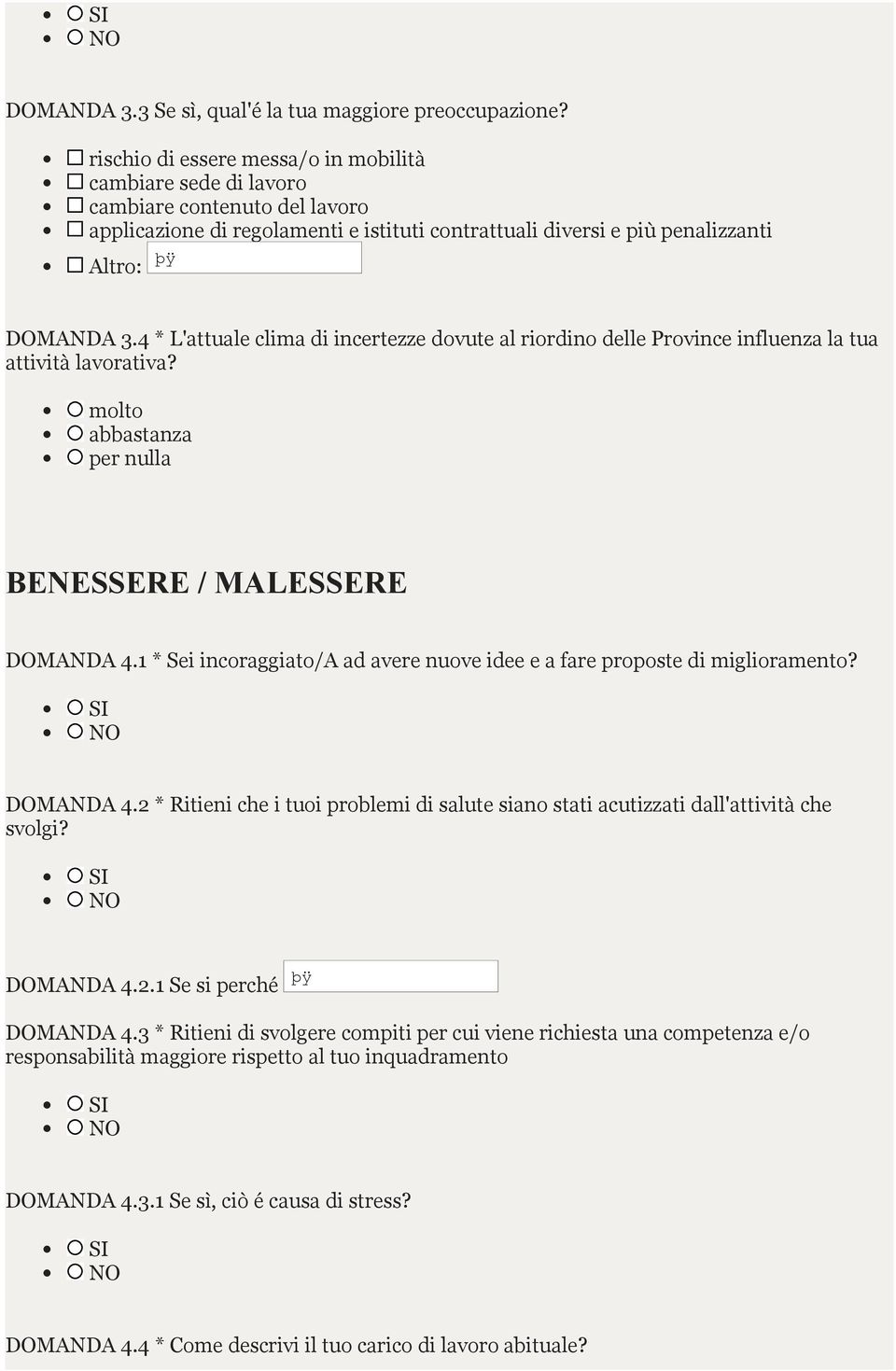 4 * L'attuale clima di incertezze dovute al riordino delle Province influenza la tua attività lavorativa? molto abbastanza per nulla BENESSERE / MALESSERE DOMANDA 4.