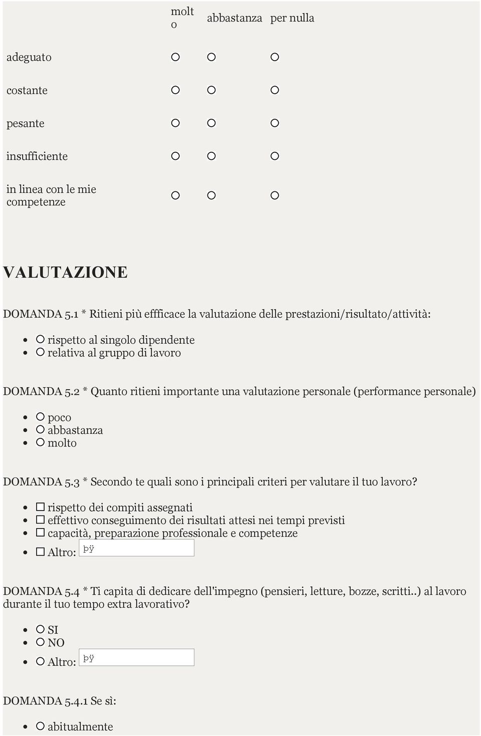 2 * Quanto ritieni importante una valutazione personale (performance personale) poco abbastanza molto DOMANDA 5.3 * Secondo te quali sono i principali criteri per valutare il tuo lavoro?