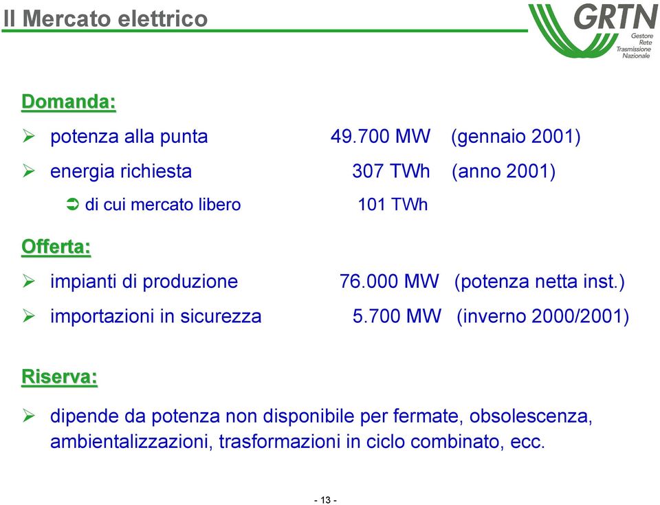 impianti di produzione 76.000 MW (potenza netta inst.) importazioni in sicurezza 5.