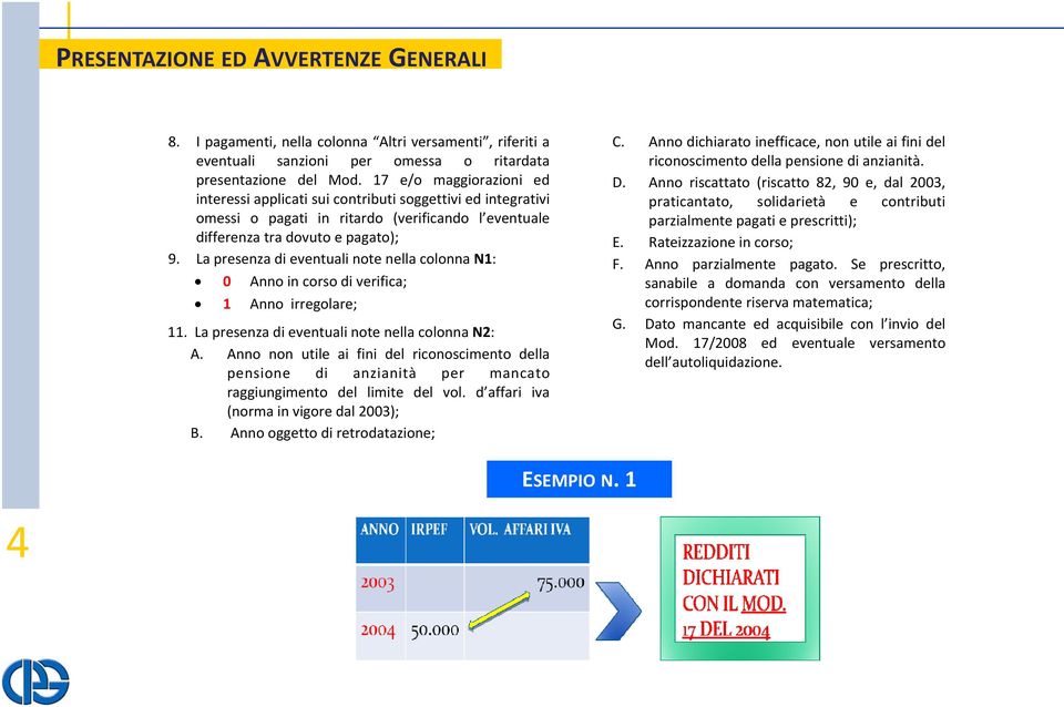 La presenza di eventuali note nella colonna N1: 0 Anno in corso di verifica; 1 Anno irregolare; 11. La presenza di eventuali note nella colonna N2: A.