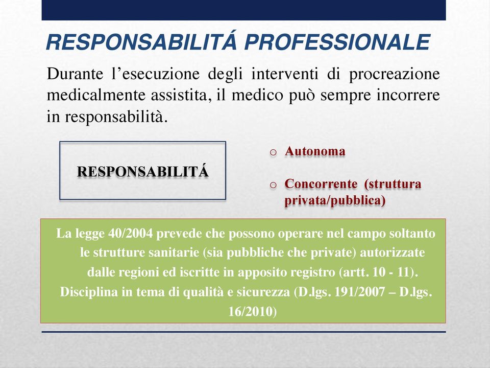 RESPONSABILITÁ o Autonoma o Concorrente (struttura privata/pubblica) La legge 40/2004 prevede che possono operare nel