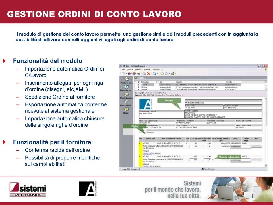 per ogni riga d ordine (disegni, etc,xml) Spedizione Ordine al fornitore Esportazione automatica conferme ricevute al sistema gestionale Importazione