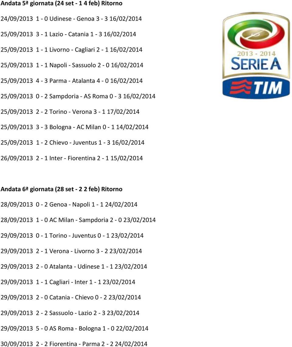 Bologna - AC Milan 0-1 14/02/2014 25/09/2013 1-2 Chievo - Juventus 1-3 16/02/2014 26/09/2013 2-1 Inter - Fiorentina 2-1 15/02/2014 Andata 6ª giornata (28 set - 2 2 feb) Ritorno 28/09/2013 0-2 Genoa -