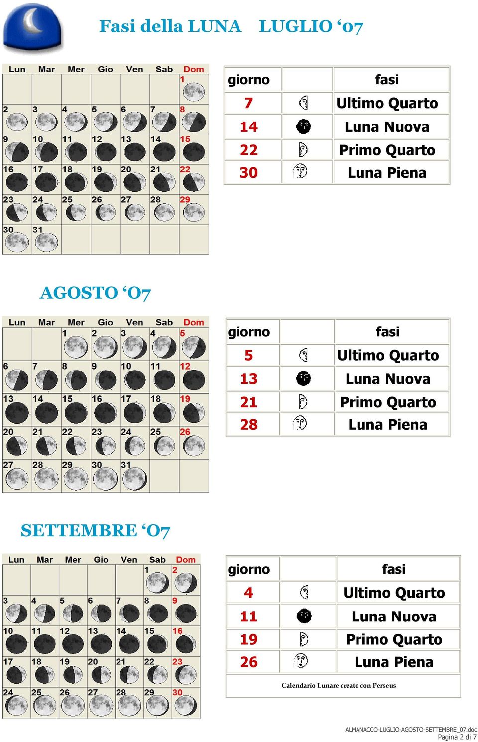 28 Luna Piena AGOSTO O7 SETTEMBRE O7 giorno fasi 4 Ultimo Quarto 11 Luna Nuova