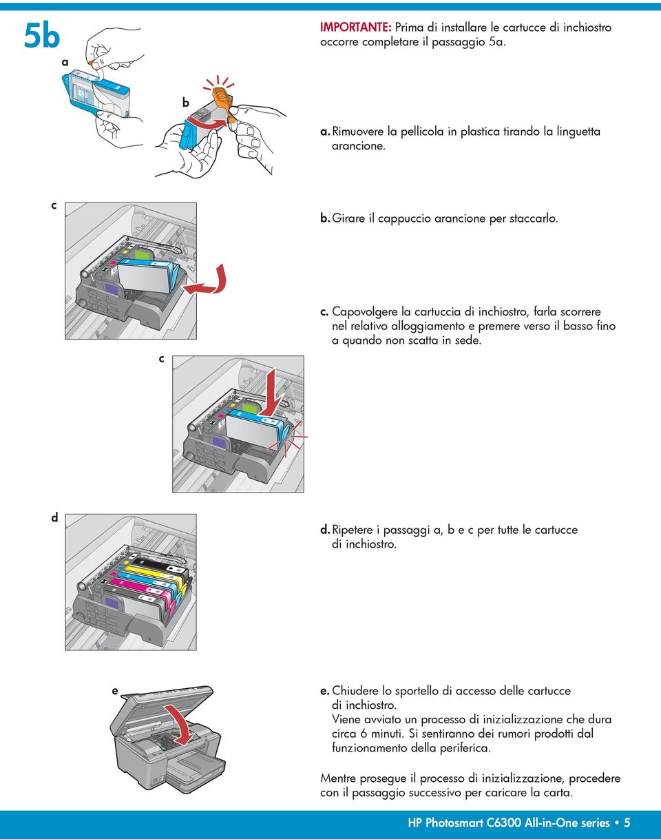 Ripetere i passaggi a, b e c per tutte le cartucce di inchiostro. e e. Chiudere lo sportello di accesso delle cartucce di inchiostro.