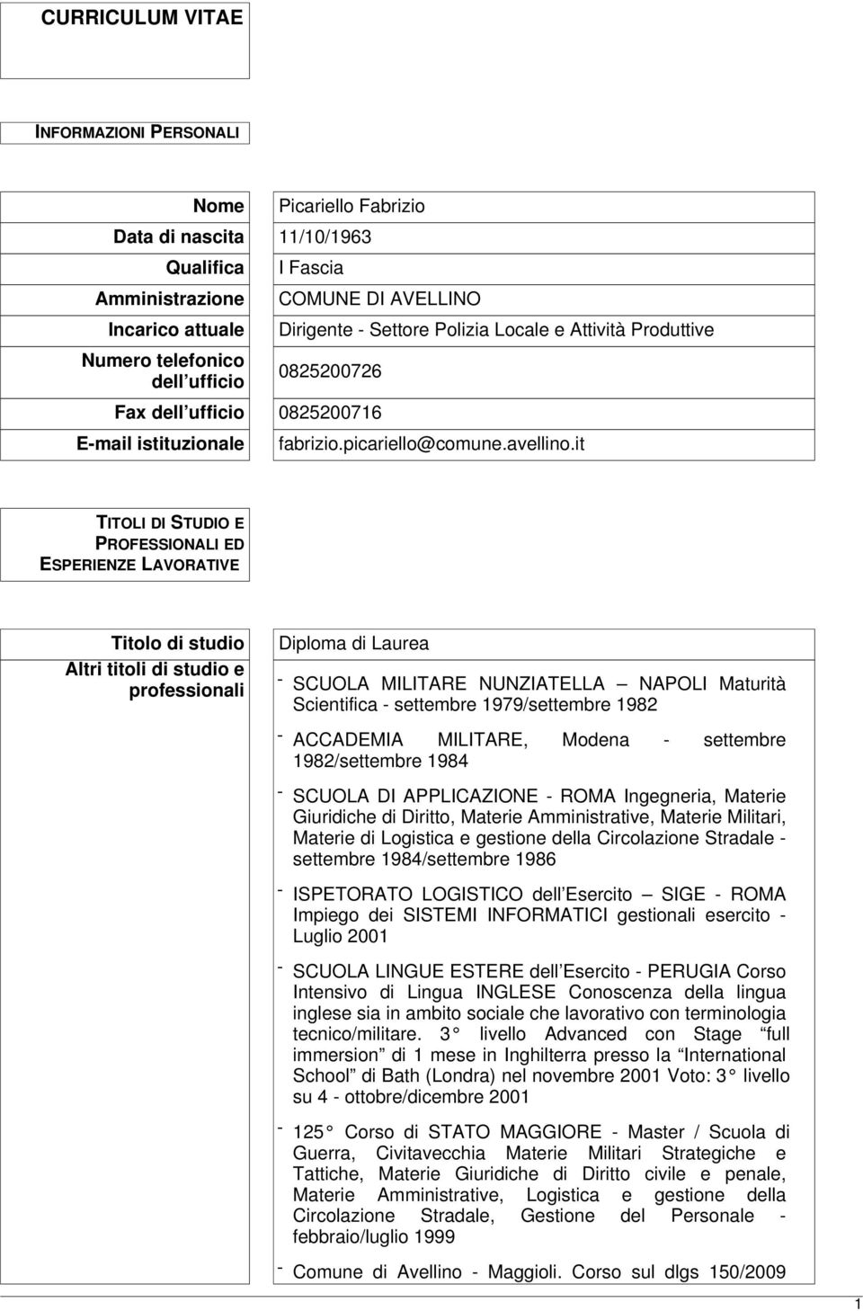 it TITOLI DI STUDIO E PROFESSIONALI ED ESPERIENZE LAVORATIVE Titolo di studio Altri titoli di studio e professionali Diploma di Laurea - SCUOLA MILITARE NUNZIATELLA NAPOLI Maturità Scientifica -