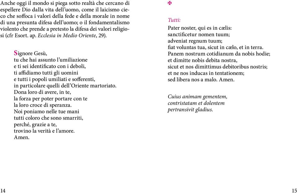 Signore Gesù, tu che hai assunto l umiliazione e ti sei identificato con i deboli, ti affidiamo tutti gli uomini e tutti i popoli umiliati e sofferenti, in particolare quelli dell Oriente martoriato.