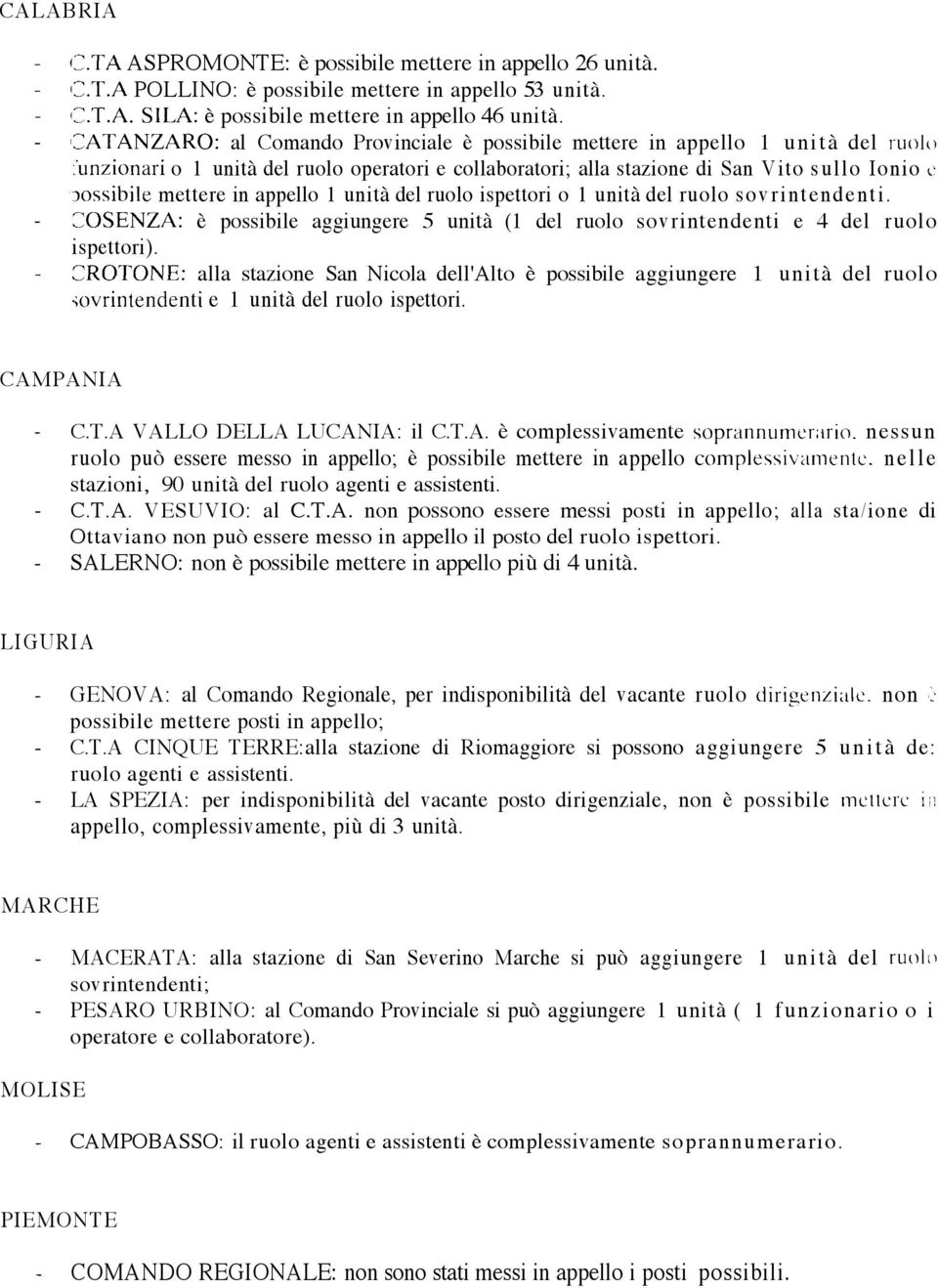 o 1 unità del ruolo operatori e collaboratori; alla stazione di San Vito sullo Ionio o possibile mettere in appello 1 unità del ruolo ispettori o 1 unità del ruolo sovrintendenti.