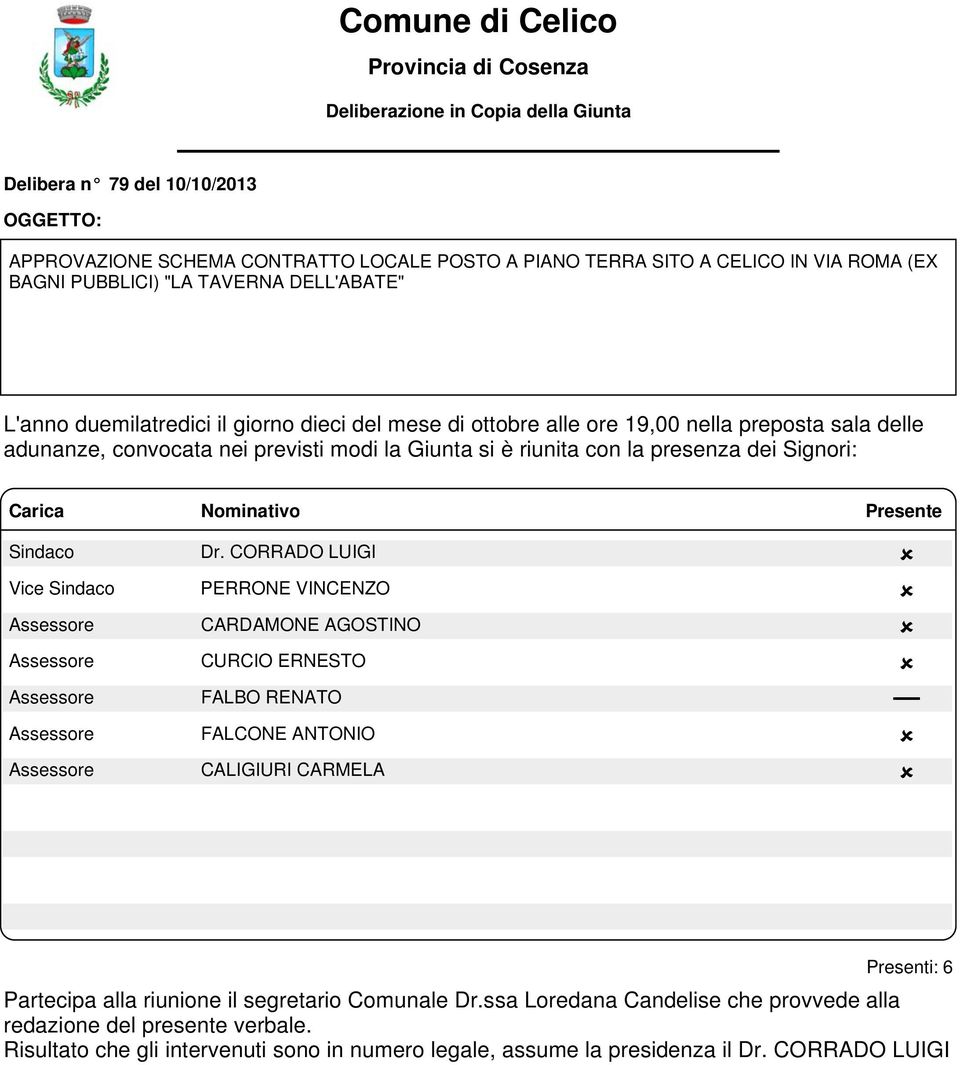 con la presenza dei Signori: Carica Nominativo Presente Sindaco Dr.