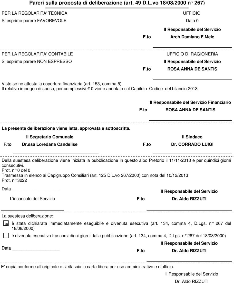 153, comma 5) Il relativo impegno di spesa, per complessivi 0 viene annotato sul Capitolo Codice del bilancio 2013 Finanziario ROSA ANNA DE SANTIS La presente deliberazione viene letta, approvata e