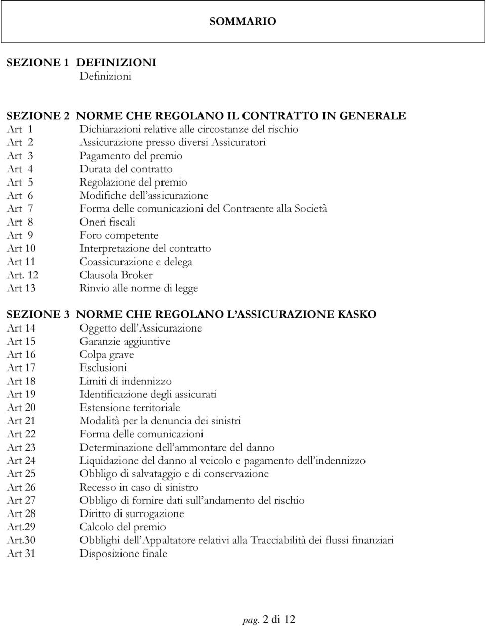 Oneri fiscali Art 9 Foro competente Art 10 Interpretazione del contratto Art 11 Coassicurazione e delega Art.