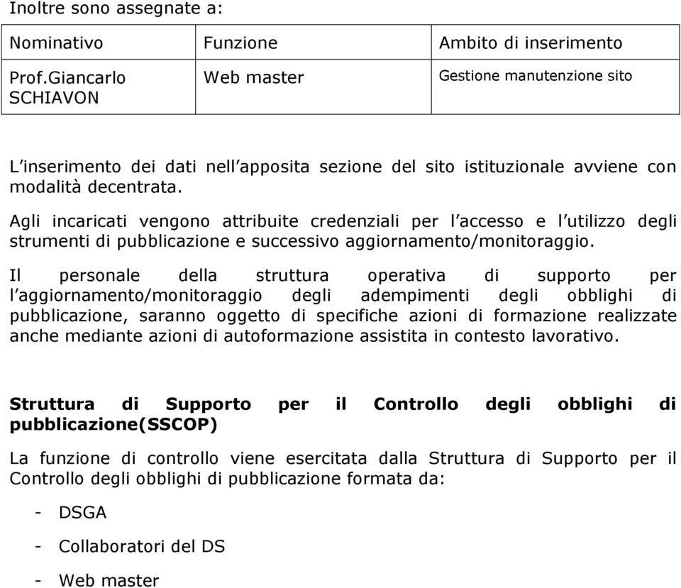 Agli incaricati vengono attribuite credenziali per l accesso e l utilizzo degli strumenti di pubblicazione e successivo aggiornamento/monitoraggio.