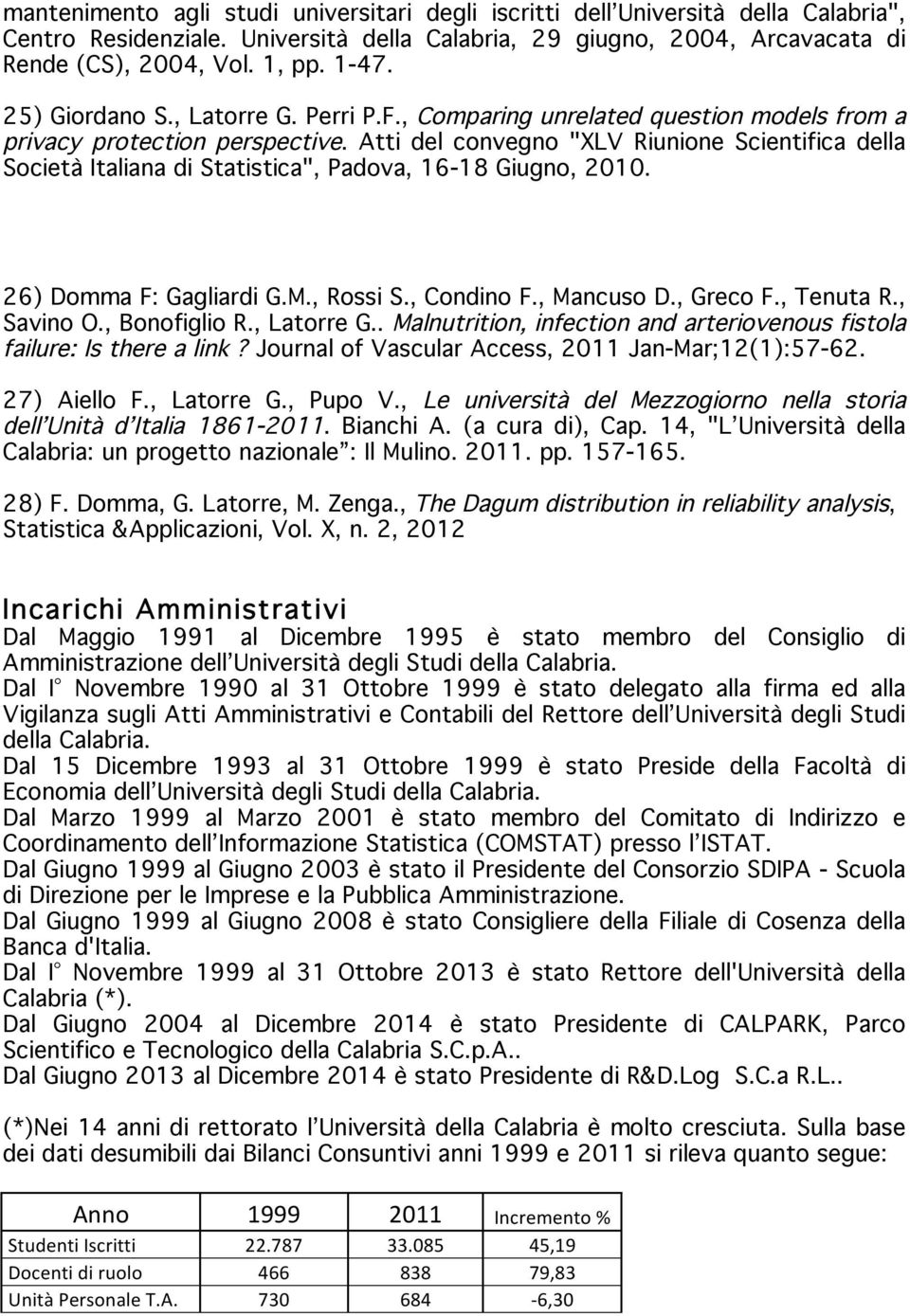 Atti del convegno "XLV Riunione Scientifica della Società Italiana di Statistica", Padova, 16-18 Giugno, 2010. 26) Domma F: Gagliardi G.M., Rossi S., Condino F., Mancuso D., Greco F., Tenuta R.