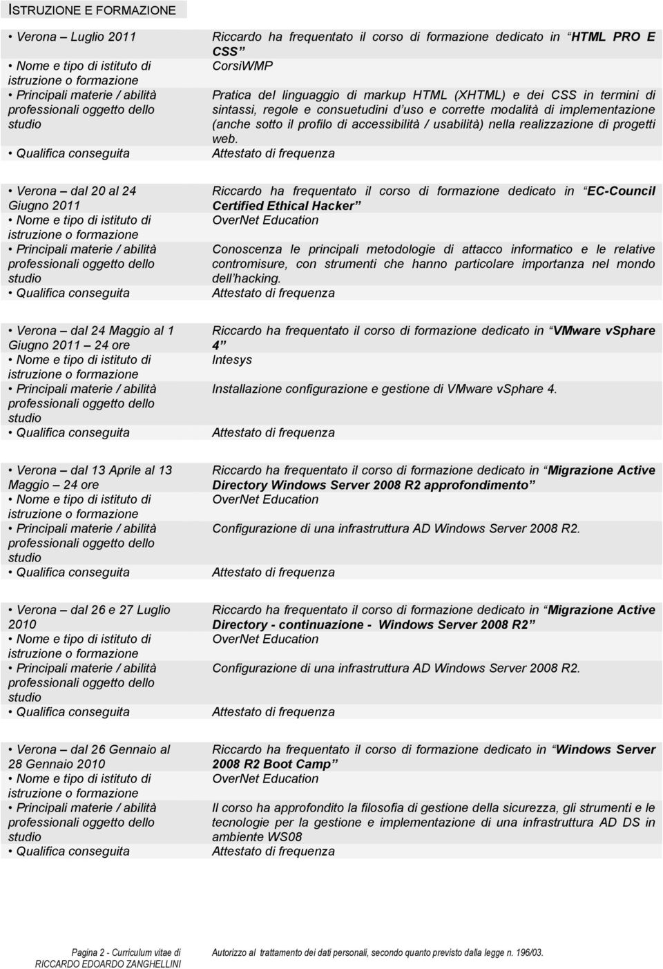 Verona dal 20 al 24 Giugno 2011 Riccardo ha frequentato il corso di formazione dedicato in EC-Council Certified Ethical Hacker Conoscenza le principali metodologie di attacco informatico e le