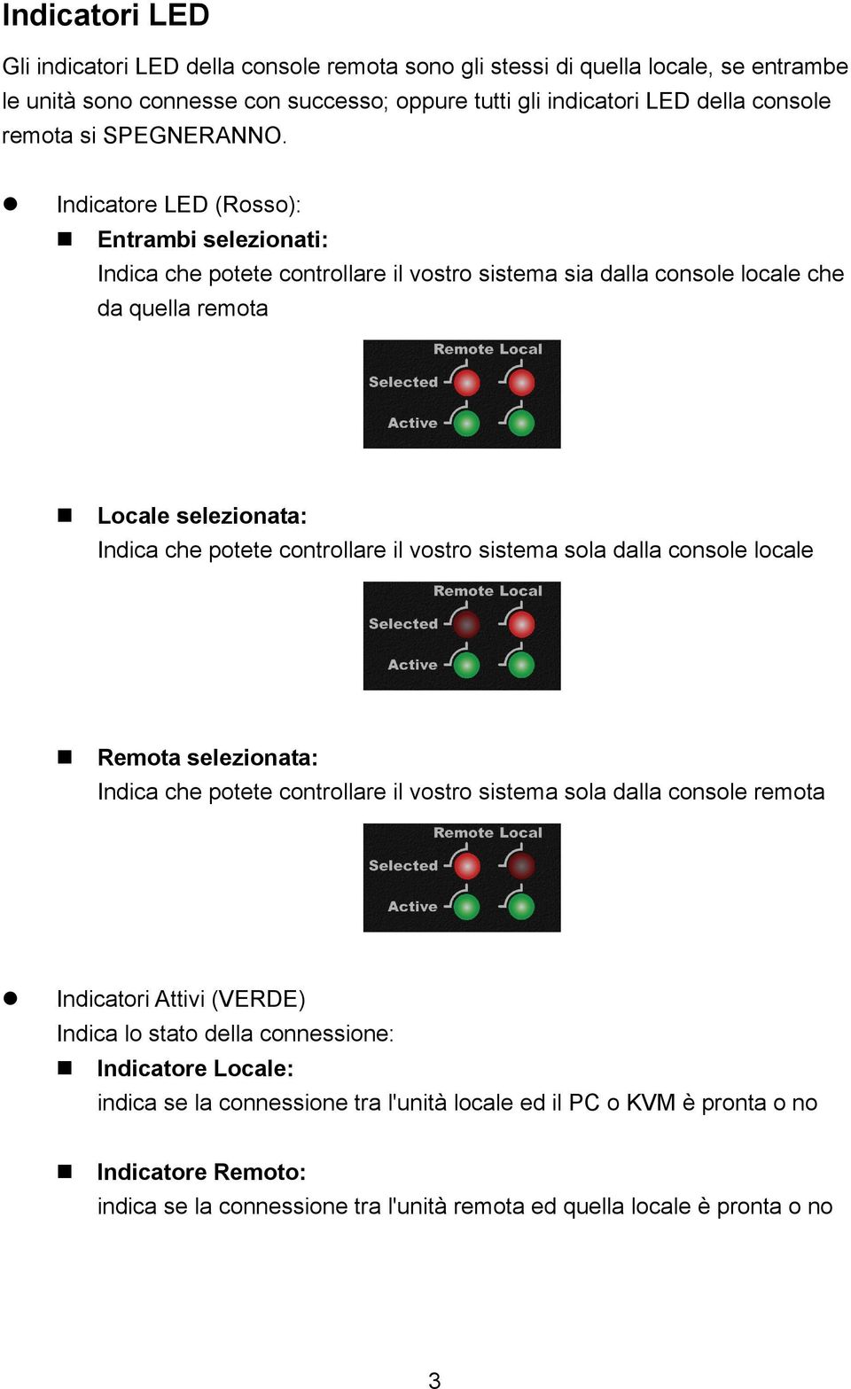 Indicatore LED (Rosso): Entrambi selezionati: Indica che potete controllare il vostro sistema sia dalla console locale che da quella remota Locale selezionata: Indica che potete controllare il