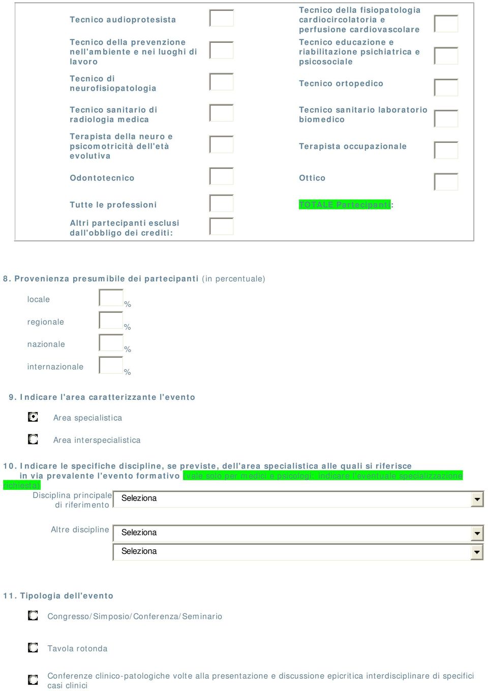 Tecnico sanitario laboratorio biomedico Terapista occupazionale Ottico Tutte le professioni TOTALE Partecipanti: Altri partecipanti esclusi dall'obbligo dei crediti: 8.