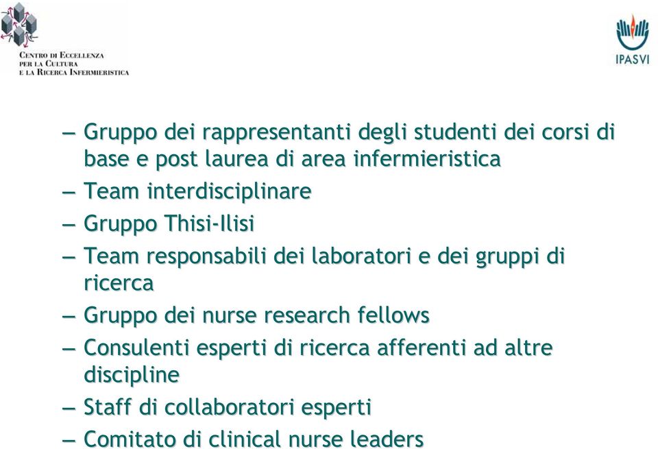 laboratori e dei gruppi di ricerca Gruppo dei nurse research fellows Consulenti esperti