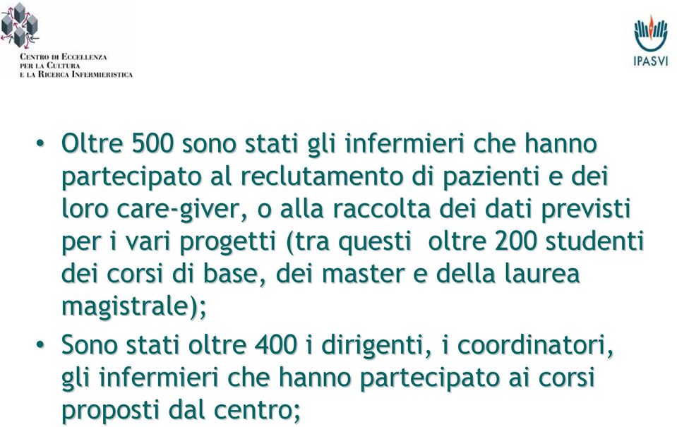 200 studenti dei corsi di base, dei master e della laurea magistrale); Sono stati oltre 400